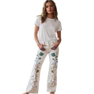 Flare Jeans White Floral Embroidered Crystals Sequin Beaded Vintage Y2K Size 30